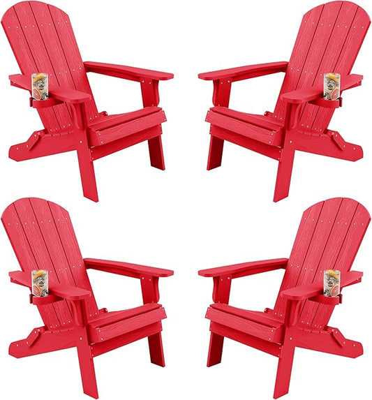 YEFU Adirondack Chair, Foldable Oversized Plastic Adirondack Chair Set of 4 with Cup Holder, Patio Chair with Weather Resistant for Outside Deck Lawn, Weight Capacity Up to 400 Lbs –Red