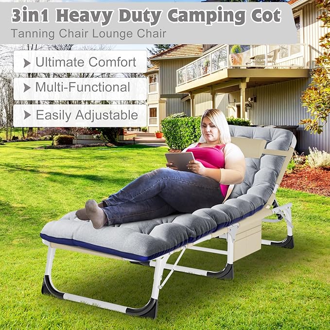 ABORON 3-in-1 Sun Tanning Chair – Oversized Folding Chaise Lounge with Mat, Pillow & Face Hole, 5-Position Adjustable for Beach, Pool, Lawn, or Patio Use