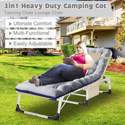 ABORON 3-in-1 Sun Tanning Chair – Oversized Folding Chaise Lounge with Mat, Pillow & Face Hole, 5-Position Adjustable for Beach, Pool, Lawn, or Patio Use