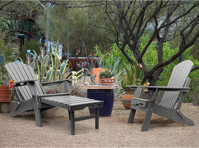 FUNBERRY Adjustable Folding Adirondack Chairs Set of 2 with Retractable Ottoman, All Weather Fire Pit Chairs with Cup Holder