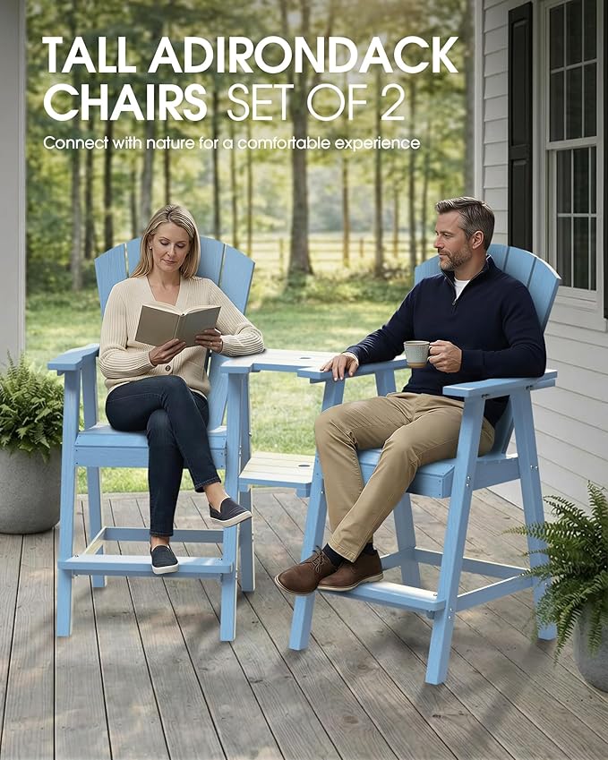 Tall Adirondack Chairs Set of 2, HDPE High Adirondack Chairs with Double Removable Trays, All Weather Outdoor Barstools for Patio, Balcony, Backyard, Deck and Garden, Baby Blue
