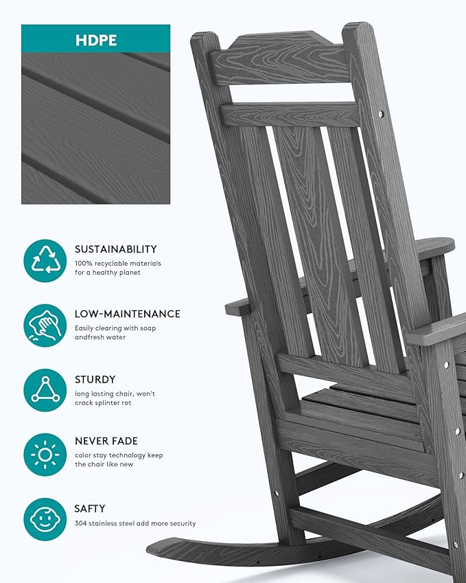 SERWALL HDPE Outdoor Rocking Chair for Adults, Outdoor Rocking Chairs Set of 6, Patio Rocking Chair Sets, Gray