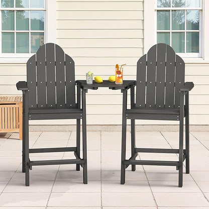 LUE BONA Tall Adirondack Chair Set of 2, All Weather HDPS Bar Height Adirondack Chair with Detachable Table & Umbrella Hole, Adirondack Barstools for Patio, Deck, Backyard & Commercial Use Dark Gray