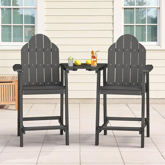 LUE BONA Tall Adirondack Chair Set of 2, All Weather HDPS Bar Height Adirondack Chair with Detachable Table & Umbrella Hole, Adirondack Barstools for Patio, Deck, Backyard & Commercial Use Dark Gray