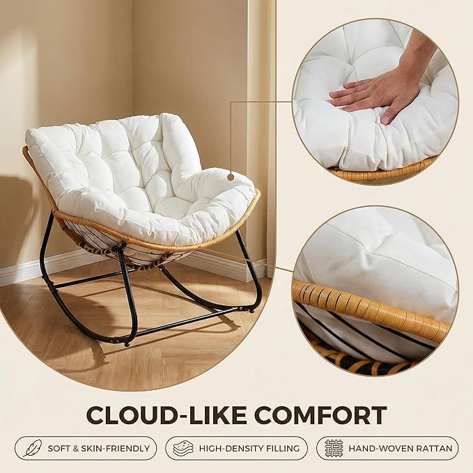Outdoor Rocking Chair, Papasan Egg Style with Thick Cushion, Comfy Patio Lounge Chair for Balcony, Porch and Living Room - Photo 6