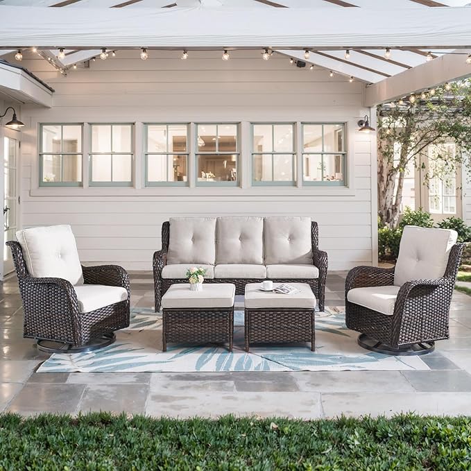 Belord 5 Piece Wicker Patio Furniture Set, Outdoor Swivel Rocker Chairs Set of 2 with Ottomans and 3 Seater Sofa - Photo 1