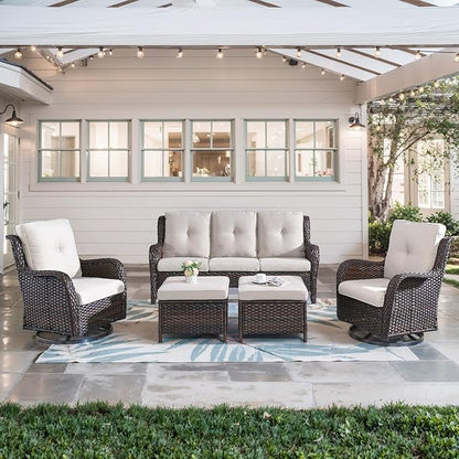 Belord 5 Piece Wicker Patio Furniture Set, Outdoor Swivel Rocker Chairs Set of 2 with Ottomans and 3 Seater Sofa, All Weather Patio Conversation Furniture Set, for Porch Pool, Brown Wicker/Beige