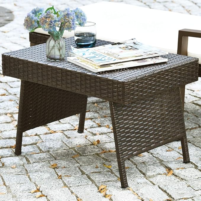 HAPPYGRILL Outdoor Wicker Table Folding Rattan Standing Coffee Side Table for Patio Lawn Bistro Poolside Garden