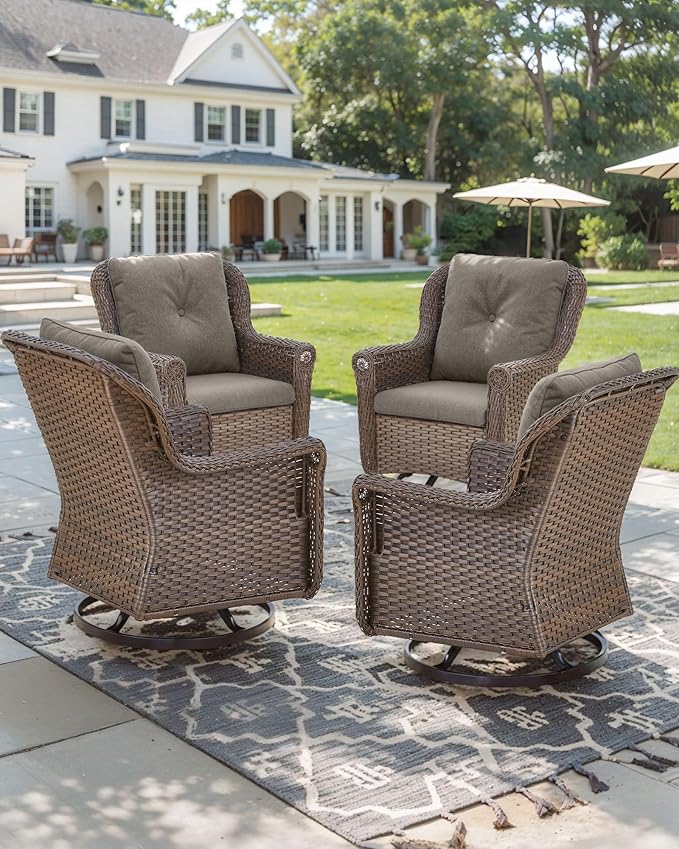 Patio Chairs Outdoor Swivel Glider - Set of 4 High Back Outside Brown Wicker Rattan Rocking Chair with Thick Cushion - Photo 6