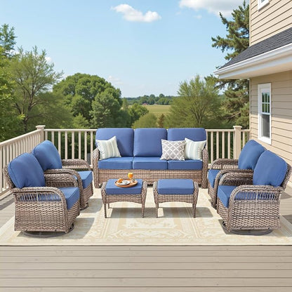 7 Pieces Outdoor Furniture Set with Swivel Chairs, Wicker Swivel Rocker Patio Chairs Set of 4 Outdoor 3 Seater Sofa with Ottomans Wicker Patio Conversation Set for Deck Porch Backyard, Blue
