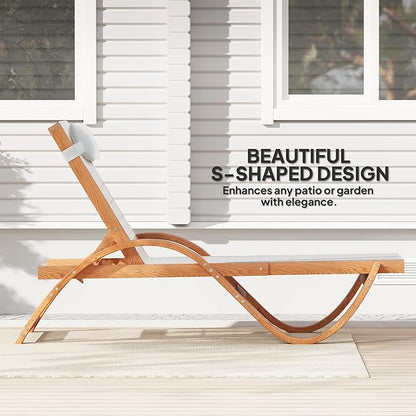 Outsunny Larch Wood Lounge Chair, 4-Level Adjustable Tanning Chair, Full Flat Patio Lounger with Mesh Seat, Outdoor Sun Chaise for Patio Beach, Cream White