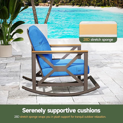 Rocking Bistro Set, 3-Piece Patio Conversation Set, Galvanized Frame Patio Rocking Chairs Set of 2 with Coffee Table and Thickened All-Weather Cushion (Blue)