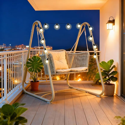 PURPLE LEAF Cloud Swing Chair with Stand and 12 White LED Lights Patio Wicker Hanging Swinging for Indoor Backyard Garden Outdoor Hammock Porch Swing, Cushion and Pillows Included, Cream