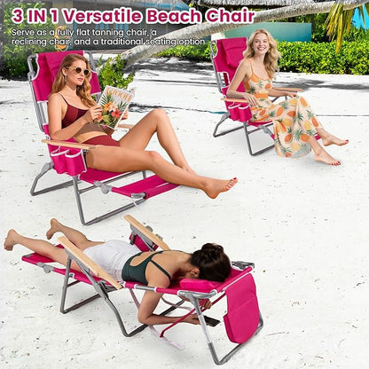 Goplus 3-in-1 Foldable Beach Chair, Lay-Flat Tanning Chair with Face and Arm Holes, Footrest, 330 lbs Heavy-Duty Portable Reclining Lounge Chairs for Outside, Camping, Patio, Poolside, Lawn (1,Red)