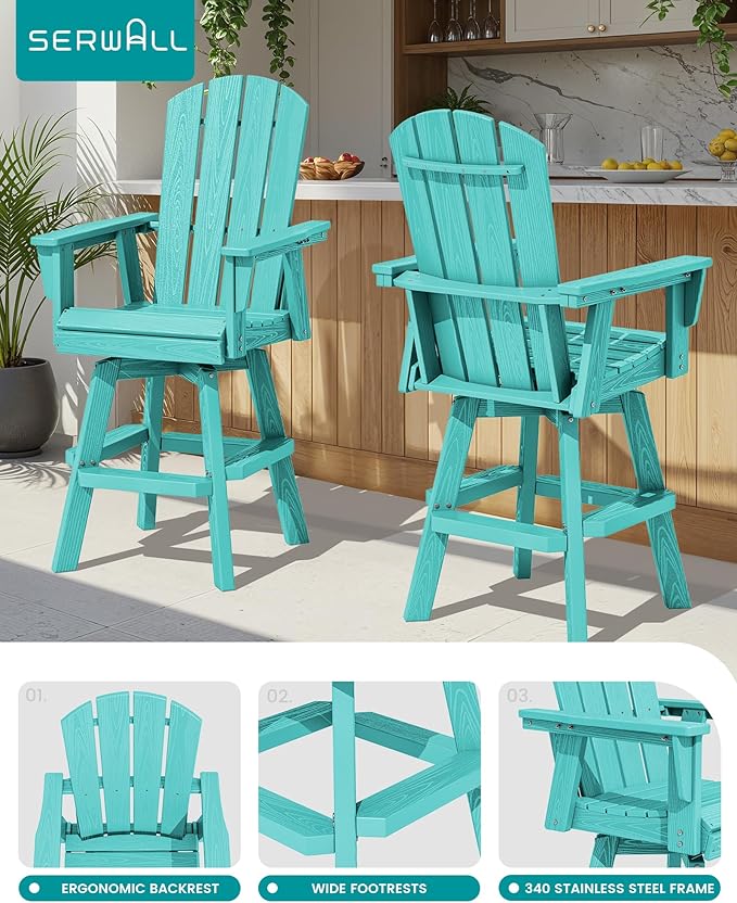 SERWALL Swivel Adirondack Barstools Set of 2, HDPE Outdoor Swivel Bar Chairs Set of 2 for Patio, Poolside, Garden, Aruba - Photo 4