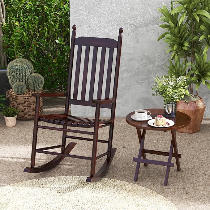 Giantex Outdoor Rocking Chair, All Weather Patio Rocker w/Solid Rocking Base & High-Back, Slatted Seat & Back, Acacia Wood Porch Rocker, Wooden Patio Rocking Chair for Backyard, Poolside