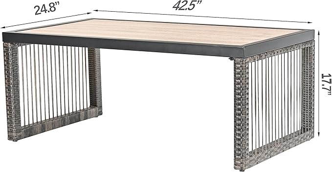 Rattan Patio Coffee Table Match Outdoor Furniture Modern Rectangle Metal Coffee Table for Livingroom, Garden, Backyard