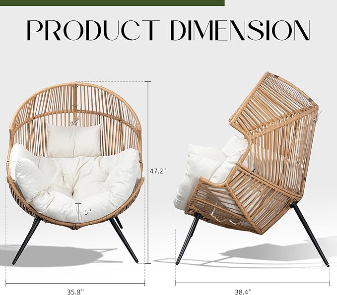 JAMFLY Wicker Egg Chair - Rattan Patio Chair with Cushion, Indoor-Outdoor Lounge Egg Basket Seat for Living Room - Photo 2