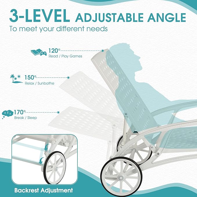 HOMEFUN Chaise Lounge Chair Outdoor, Poolside Lounger Outside Cast Aluminum Tanning Chairs with Adjustable Backrest and Moveable Wheels, White