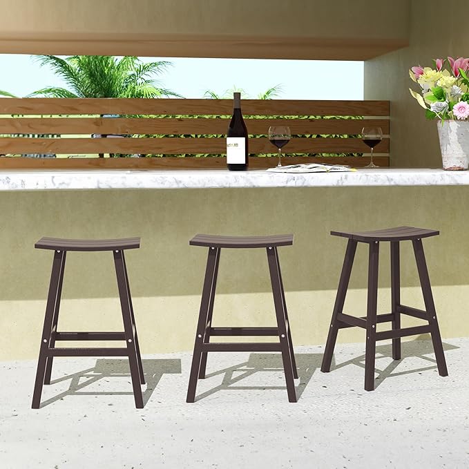 Costaelm All-Weather Bar Stools Set of 3, 29" Height Outdoor Bar Stools, Adirondack Poly Patio Bar Stool for Patio, Deck, Kitchen Counter and Garden, Dark Brown