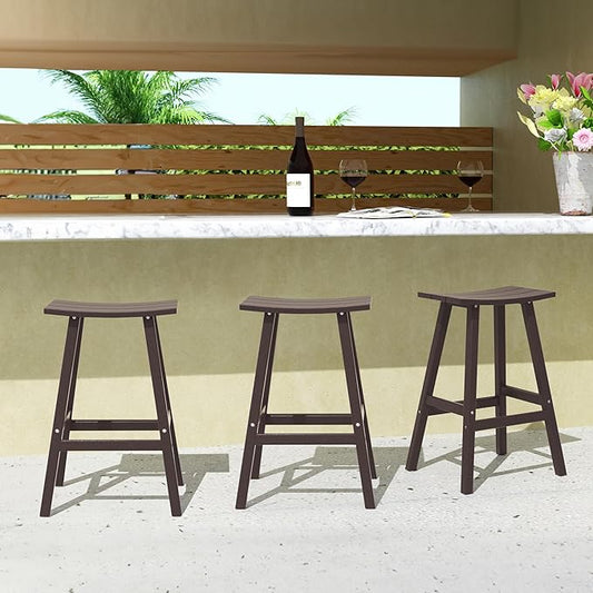 Costaelm All-Weather Bar Stools Set of 3, 29" Height Outdoor Bar Stools, Adirondack Poly Patio Bar Stool for Patio, Deck, Kitchen Counter and Garden, Dark Brown