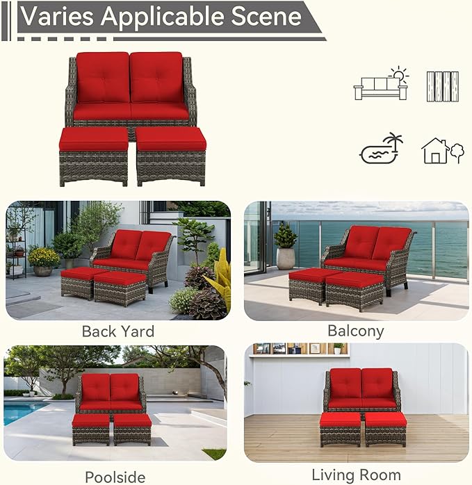 3 Piece Patio Furniture Set, 2-Seater Loveseat and 2 Ottomans PE Wicker Footstool, Outdoors Rattan Conversation Set with Deep Seating and Olefin Cushions, for Backyard, Garden, Red
