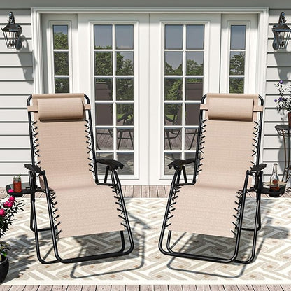 Set of 2 Adjustable Zero Gravity Lounge Chairs Outdoor Recliner w/Cup Holder Tray & Removable Pillows, Ergonomic Reclining Chair for Camping Patio Lawn Balcony (Beige-Brown)