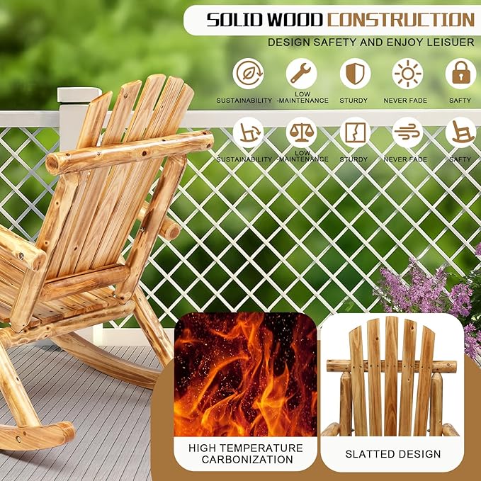 Outvita Wooden Rocking Chair Set of 2, Fir Log Adirondack Rocker, Outdoor Wood Accent Furniture Lounge Chairs for Garden Patio Backyard Porch (Light carbonized)
