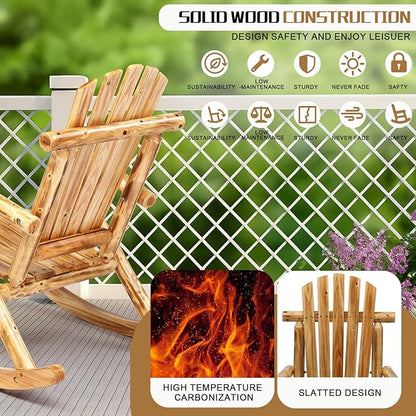 Outvita Wooden Rocking Chair, Fir Log Adirondack Rocker, Outdoor Wood Accent Furniture Lounge Chairs for Garden Patio Backyard Porch (Light carbonized)