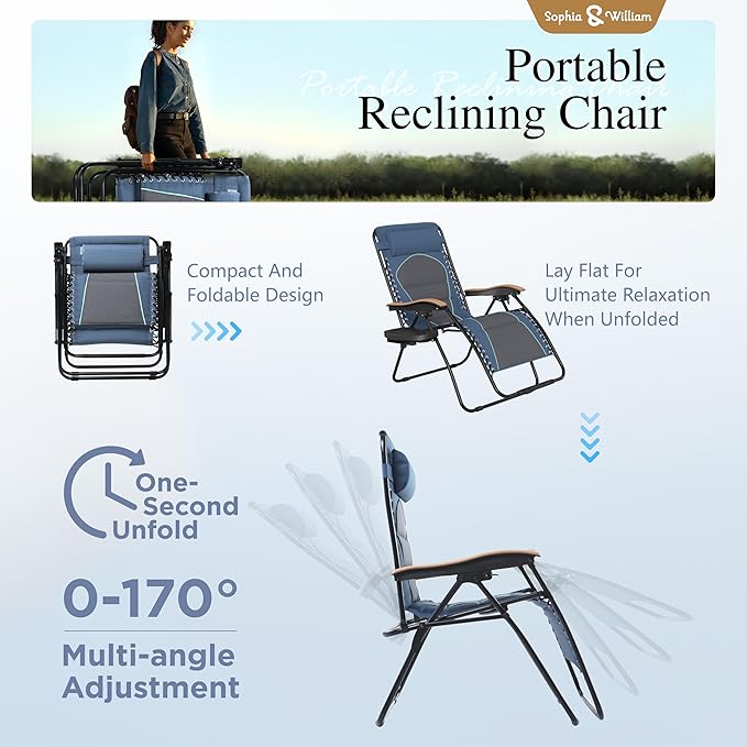 Sophia & William Oversized XXL Zero Gravity Lounge Chair Padded Reclining Lawn Chair Outdoor Gravity Chair with Cup Holder, Support 400 LBS, Blue