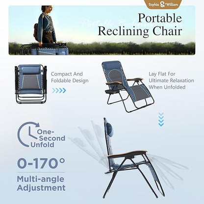 Sophia & William Oversized XXL Zero Gravity Lounge Chair Padded Reclining Lawn Chair Outdoor Gravity Chair with Cup Holder, Support 400 LBS, Blue