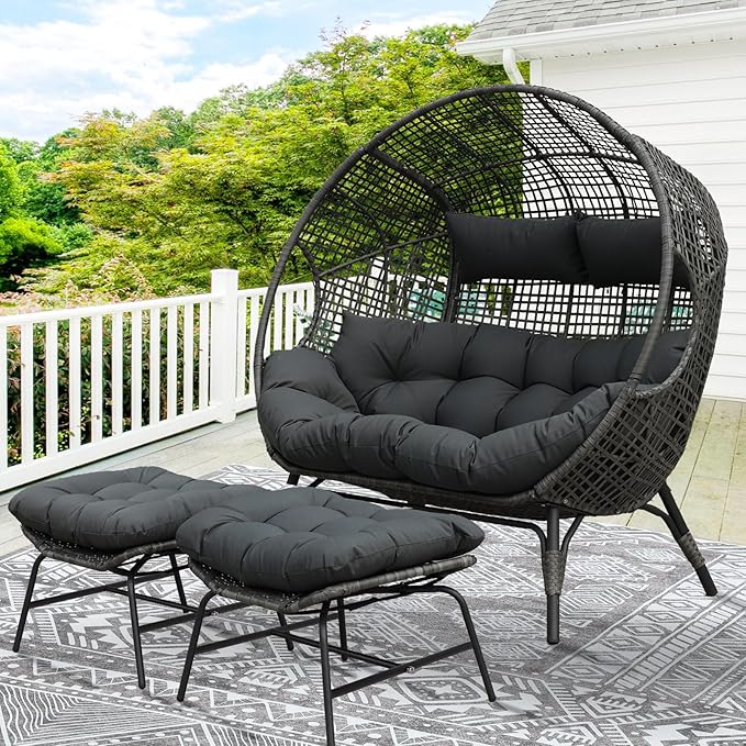 NICESOUL Luxury Double Egg Chair with Footrest & Cushions, Two Person Wicker Eggshell Chair Large with Ottoman - Photo 1