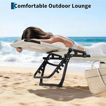 Tanning Chair with Face Hole Folding Beach Lounge Chair,5-Position Adjustable Backrest, Pillow & Side Pocket,Portable Face Down Chaise Lounge for Outdoor Backyard Poolside,Beach, Patio,Beige