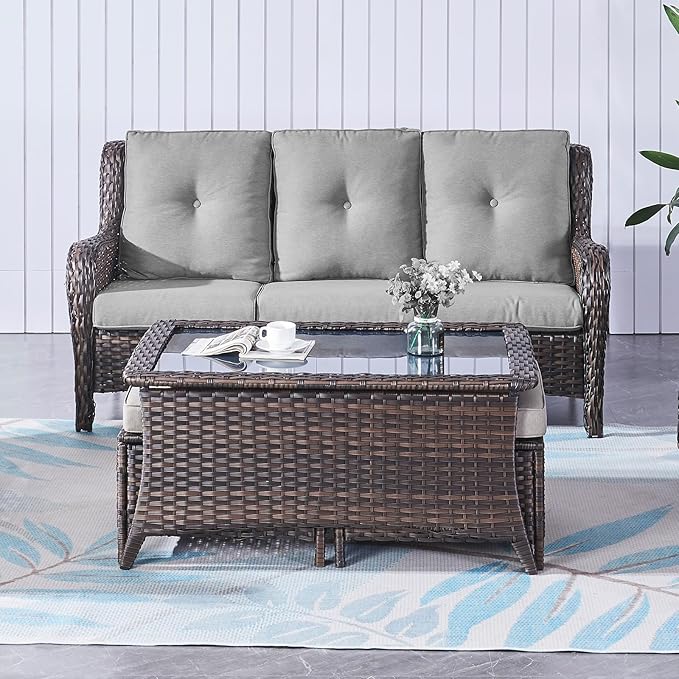 Belord Outdoor Coffee Table with Tempered Glass Top, Patio Rectangular Brown Wicker, Handwoven Rattan Coffee Table Compatible with Patio Furniture Sets for Porch Deck Backyard
