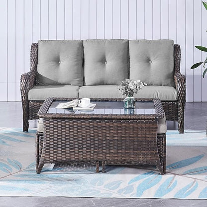 Belord Outdoor Coffee Table with Tempered Glass Top, Patio Rectangular Brown Wicker, Handwoven Rattan Coffee Table Compatible with Patio Furniture Sets for Porch Deck Backyard