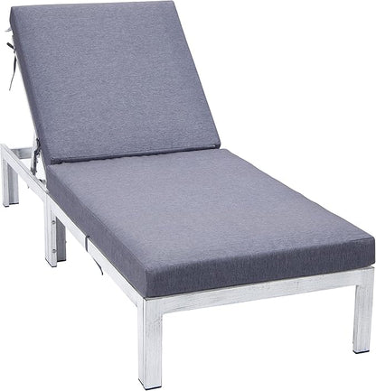 LeisureMod Modern Weathered Grey Aluminum Chaise Lounge Chair – Outdoor Patio Lounge with Cushions, Blue