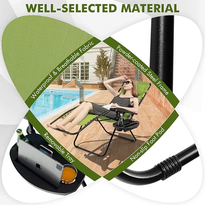 Giantex Zero Gravity Reclining Chair, Outdoor Patio Recliner with Cup Holder & Removable Pillow, Adjustable Backrest, Indoor Lounge Chair for Backyard, Garden, Poolside (Green)