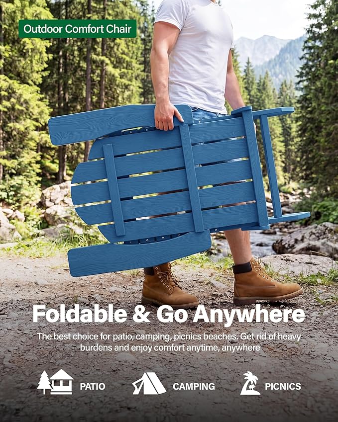 MXIMU Folding Adirondack Chair for Outdoor: Easy to Assemble and Comfortable Adirondack Chairs Set of 2 - All Weather Composite Plastic Chair for Outside Fire Pit Patio Lawn Garden Backyard Use(Navy)