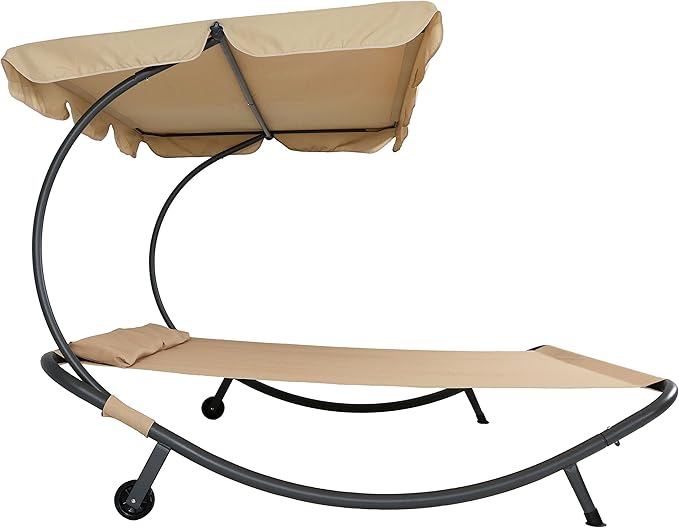 Sunnydaze Outdoor Double Chaise Lounge Bed with Canopy and Headrest Pillow - Beige Fabric with Black Powder-Coated Steel Frame