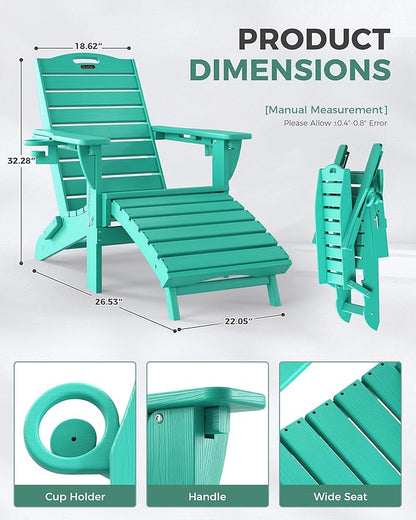 Folding Adirondack Chair with Retractable Ottoman, Weather Resistant Fire Pit Chair Patio Chair with 2 Cup Holder Lawn Outdoor Lounge Chair (Lake Blue)