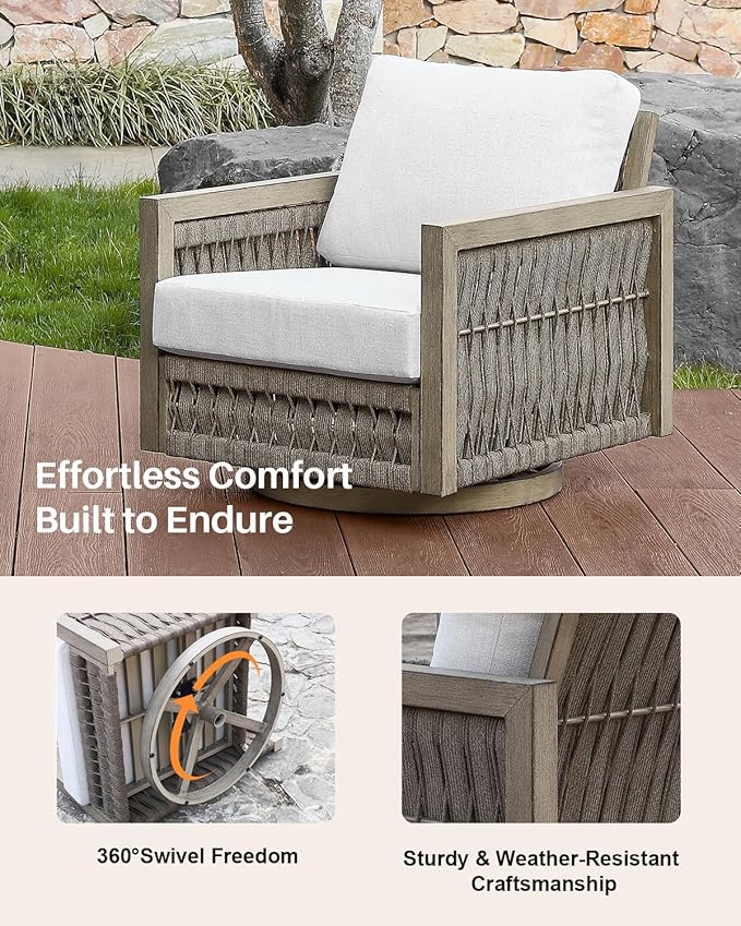 Swivel Patio Chair, Never Rust Aluminum Outdoor Swivel Sofa Chair with Washable Cushions, Rope Weave Patio Sofa Armchair - Photo 4