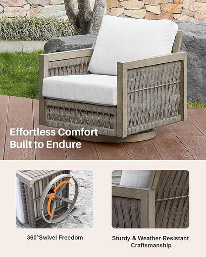 Swivel Patio Chair, Never Rust Aluminum Outdoor Swivel Sofa Chair with Washable Cushions, Rope Weave Patio Sofa Armchair, Deep Seating Outdoor Club Chairs for Garden, Porch, Poolside, Gray Oak