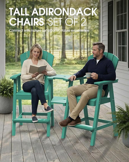 Tall Adirondack Chairs Set of 2, HDPE High Adirondack Chairs with Double Removable Trays, All Weather Outdoor Barstools for Patio, Balcony, Backyard, Deck and Garden, Lakeblue
