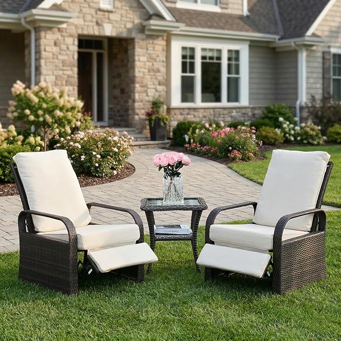 ATR ART TO REAL Outdoor Recliner, Set of 2 Wicker Reclining Chair with Coffee End Side Table - Photo 1