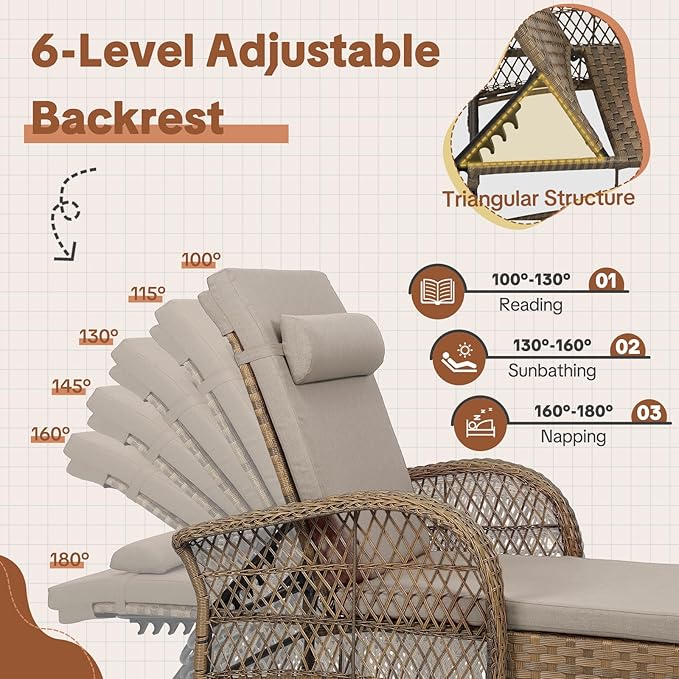 HOMEDIARY 3-Piece Outdoor Wicker Lounge Chair Set, Patio Chaise Loungers Set of 2 w/Side Table - Photo 3