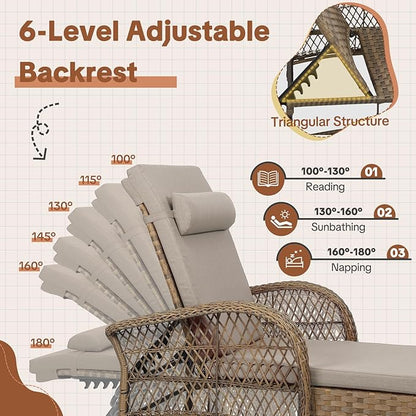 HOMEDIARY 3-Piece Outdoor Wicker Lounge Chair Set, Patio Chaise Loungers Set of 2 w/Side Table, 6-Position Adjustable Poolside Sunbathing Recliner, Armrest and Head Pillow, Fade-Resistant, Beige