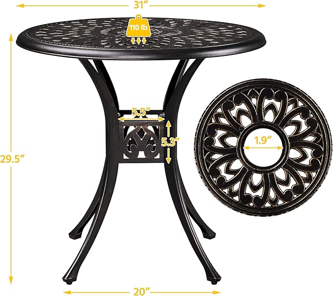 Yaheetech 31in Cast Aluminum Patio Table with Umbrella Hole, Outdoor Round Anti-Rust Small Coffee Bistro Table with Umbrella Hole, Outdoor Furniture for Porch, Backyard, Garden, Bronze