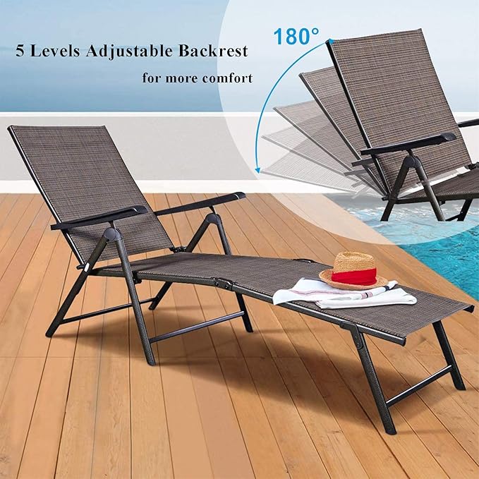 S AFSTAR Patio Chaise Lounges, Outdoor Reclining Lounge Chairs with Adjustable Backrest & Heavy Duty Steel Frame, Recliner Chair for Poolside Lawn Backyard (2)