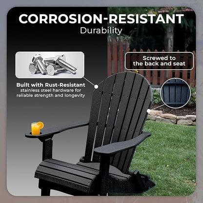 Ecommersify Folding Adirondack Chair with Cup Holder - (Black) - Heavy Duty Recycled Poly Lumber Folding Chair - Amish Crafted Outdoor Furniture - Made in USA