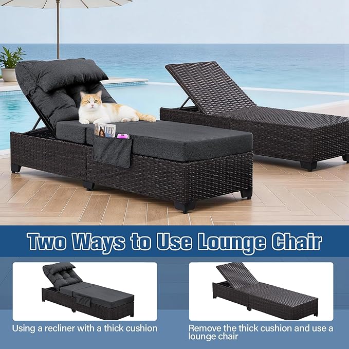 Outdoor Chaise Lounge Chair, Patio Rattan Adjustable Recliner with 5-Inch Thick Cushion, Heavy Duty Metal Lounger for Pool Beach Yard (Gray)